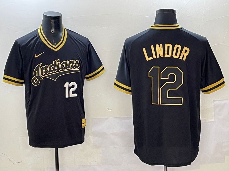 Men Cleveland Indians #12 Lindor Black Gold Game 2025 Nike MLB Jersey style 5